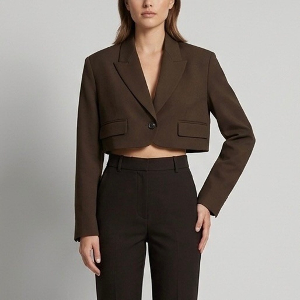 GRLFRND The Cropped Blazer Jacket Chocolate Brown Notched Lapel Single Button XS